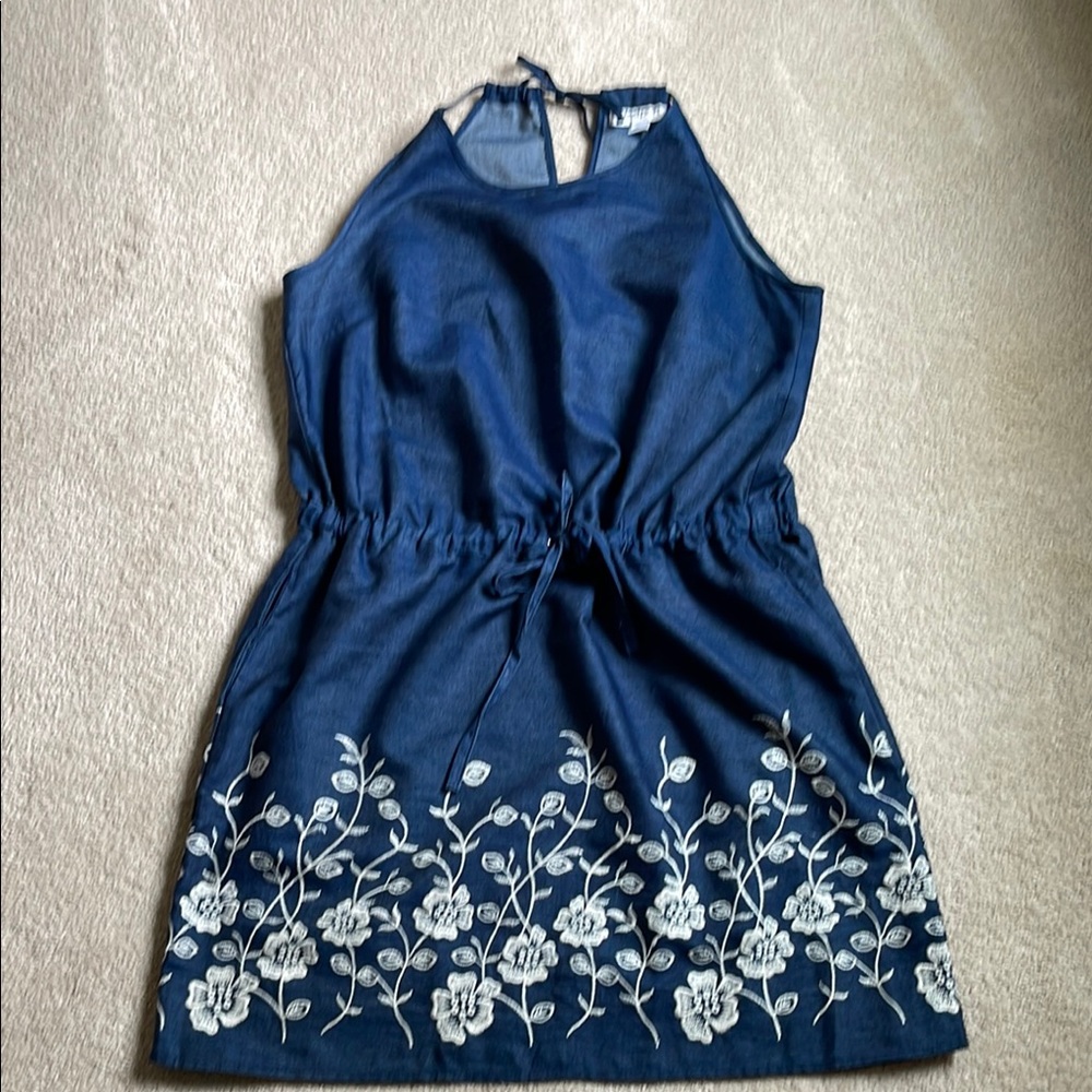 Westport Petite Denim with White Embroidery Halter Sundress Mini